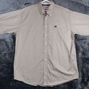Cinch Mens Large Tan Black Geometric Diamond Grid Cotton Western Button Down
